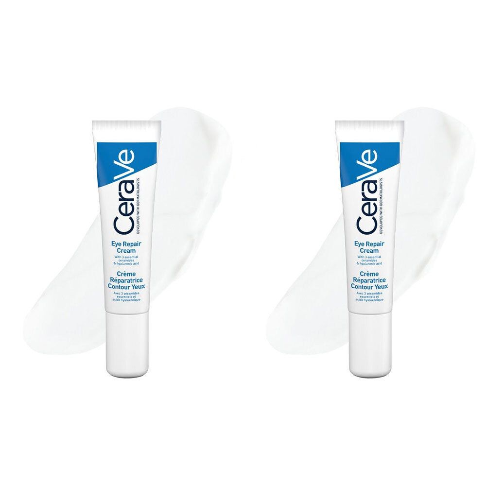 Deux tubes de crème CeraVe Eye Repair. Emballage blanc et bleu. Texte: Eye Repair Cream, Crème Réparatrice Contour Yeux.