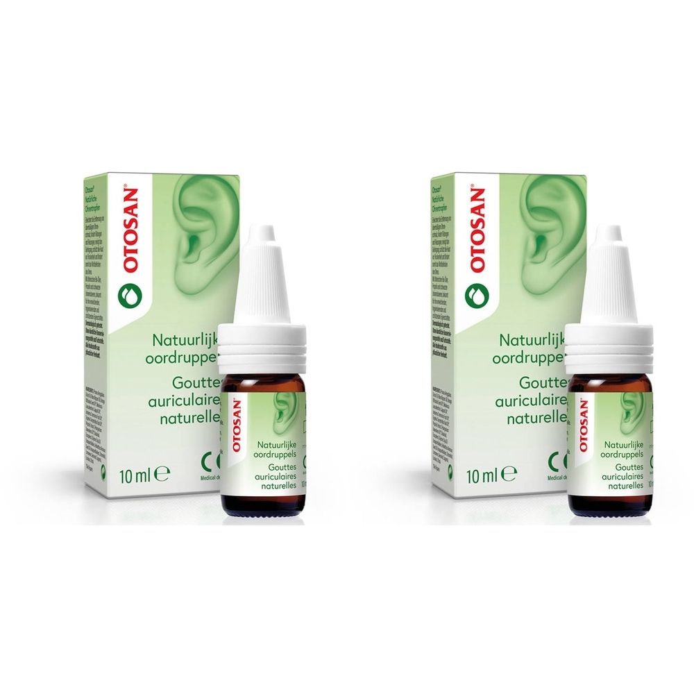 Deux flacons de gouttes auriculaires et leurs emballages. Marque "OTOSAN" et mention "Goutte auriculaire naturelle".