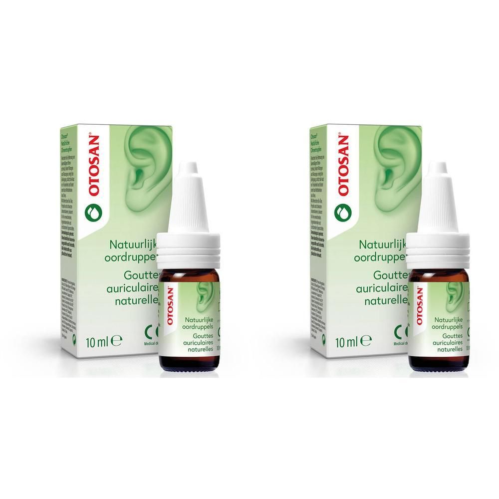 Twee flesjes met druppelaar en twee groene dozen met het woord OTOSAN. Opschrift: Gouttes auriculaires naturelles.