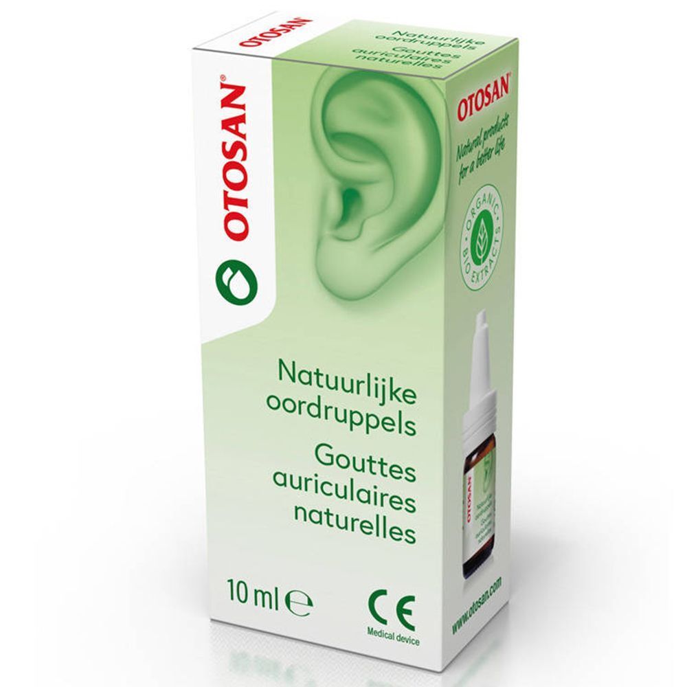 Groene doos met druppelflesje. Opschrift OTOSAN, Gouttes auriculaires naturelles, 10 ml. CE-markering.