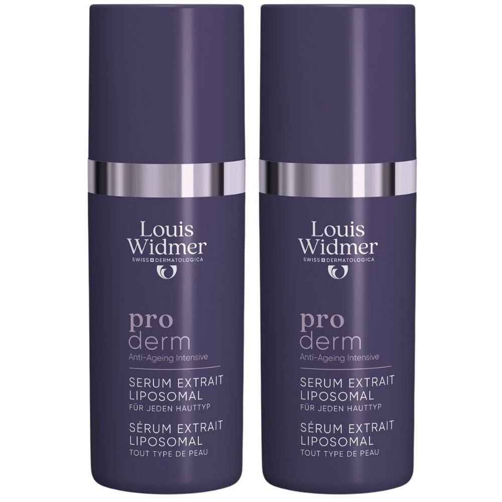 Twee flessen Louis Widmer Proderm serum. Donkerviolette flessen met zilveren ringen en witte tekst. Opschrift: Sérum Extrait Liposomal.