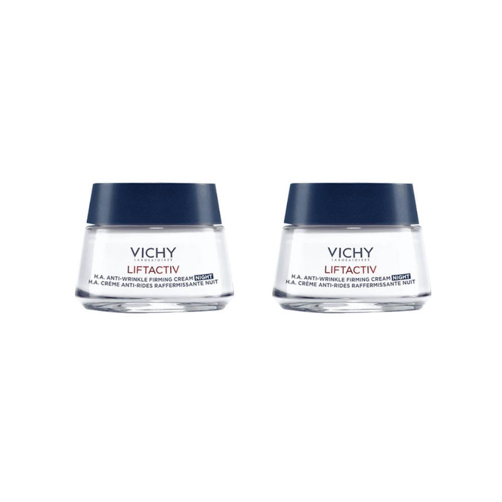 Deux pots de crème de nuit Vichy Liftactiv. Récipients en verre avec couvercle bleu. Inscription : Liftactiv, crème anti-rides.