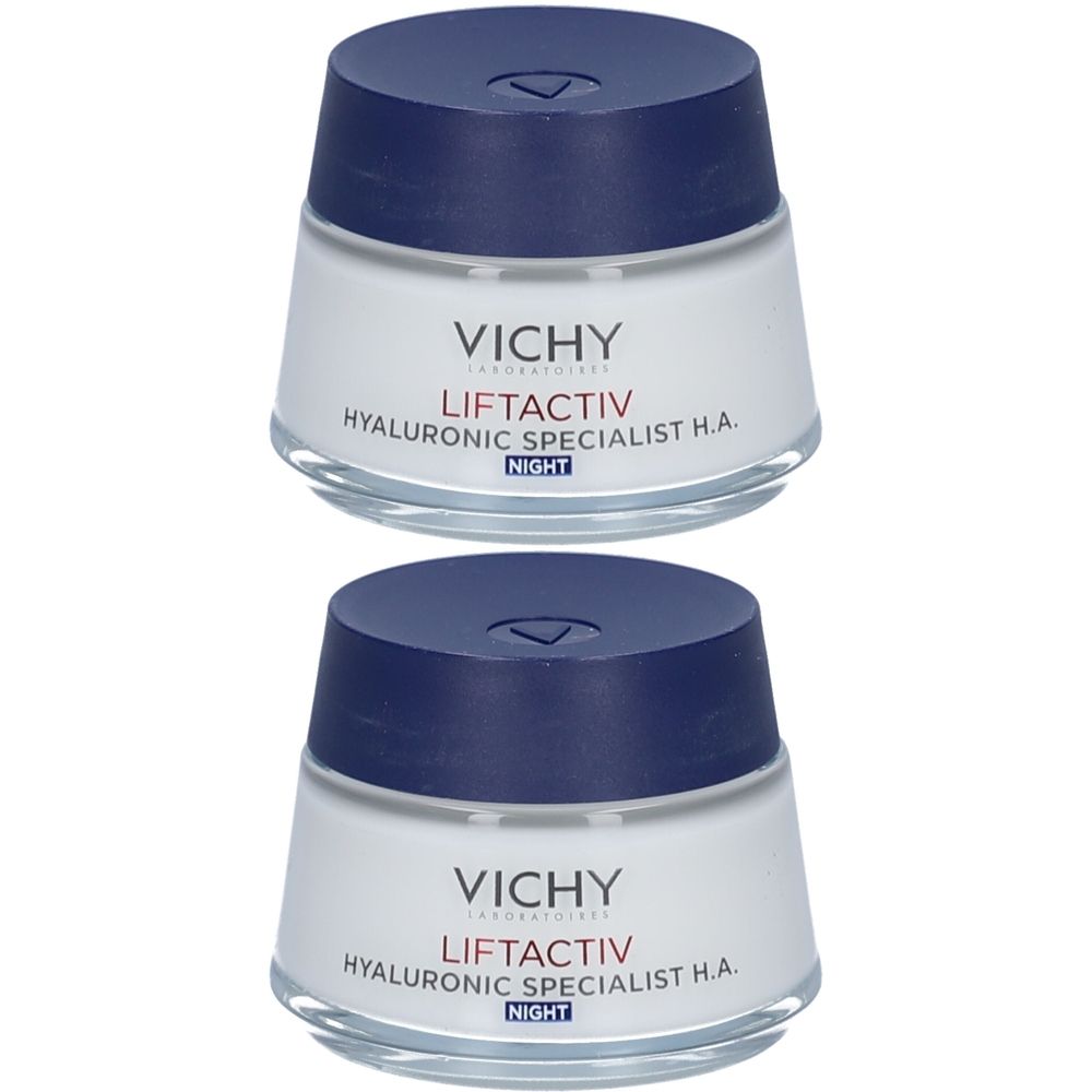 Deux pots de crème de nuit VICHY Liftactiv. Pots blancs avec couvercles bleus. Inscription: VICHY, Liftactiv, Hyaluronic Specialist H.A. NIGHT.
