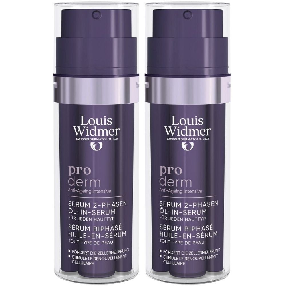 Twee flessen Louis Widmer Proderm Anti-Âge Serum. Paarse flessen met zilveren accenten en doseerpompen. Tekst in het Duits en Frans.