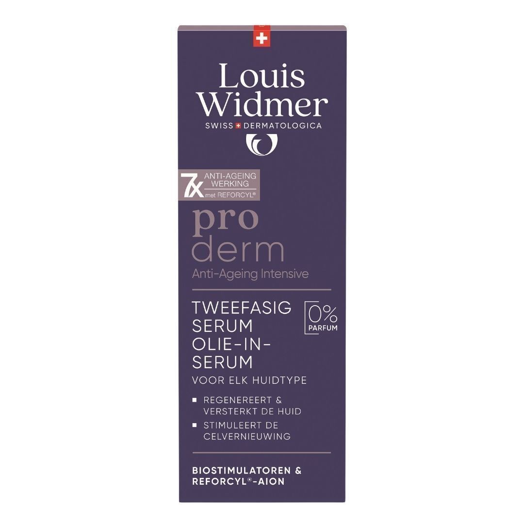 Twee flessen Louis Widmer Proderm serum. Gele sticker met tekst 1+1. Tekst: Serum 2-fasen olie-in-serum.