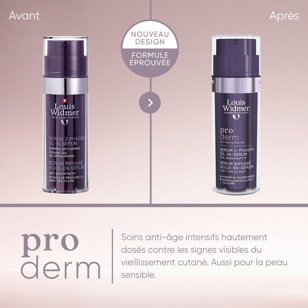 Emballage du sérum Louis Widmer Proderm. Boîte violette avec texte et logo. 0% Parfum.