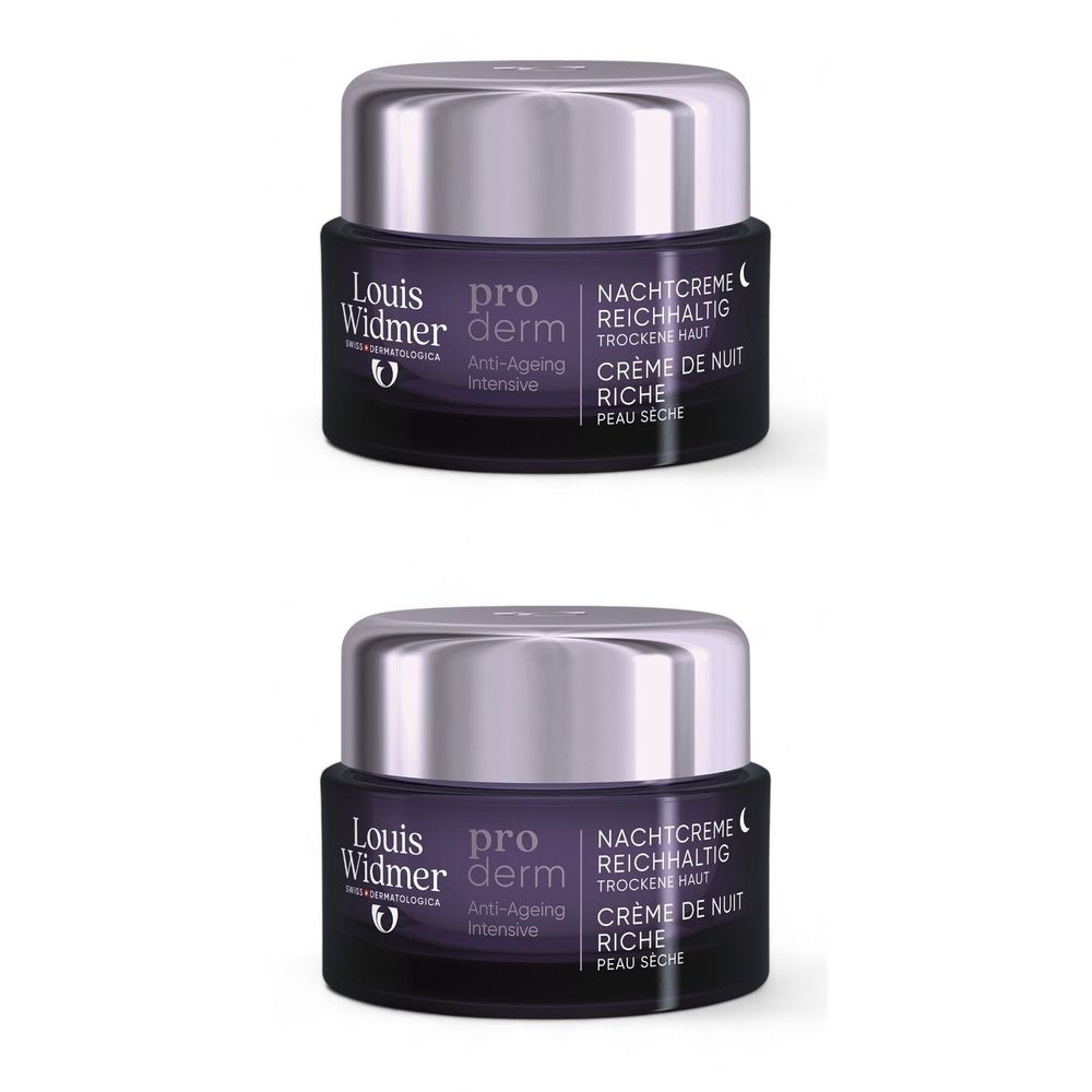 Twee potjes nachtcrème met zilveren deksel. Opschrift: Louis Widmer Proderm Anti-Ageing. Tekst in het Duits en Frans.