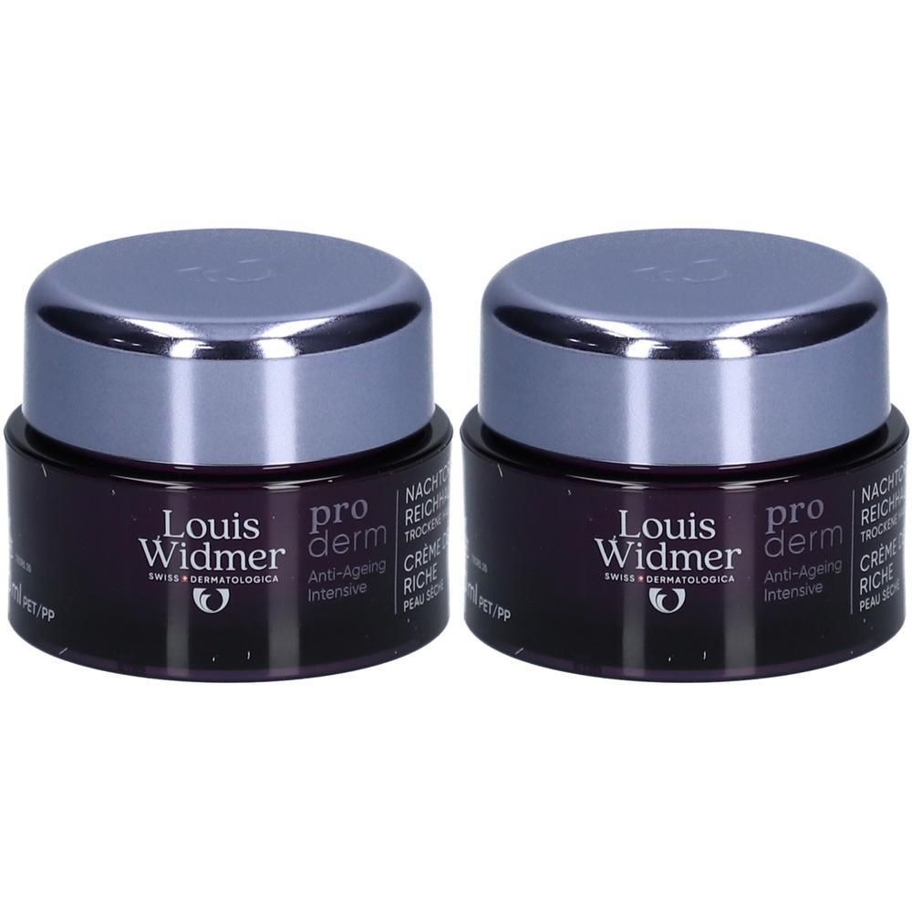 Deux pots de crème de nuit Louis Widmer Proderm. Pots violets foncés avec couvercles argentés. Texte noir.