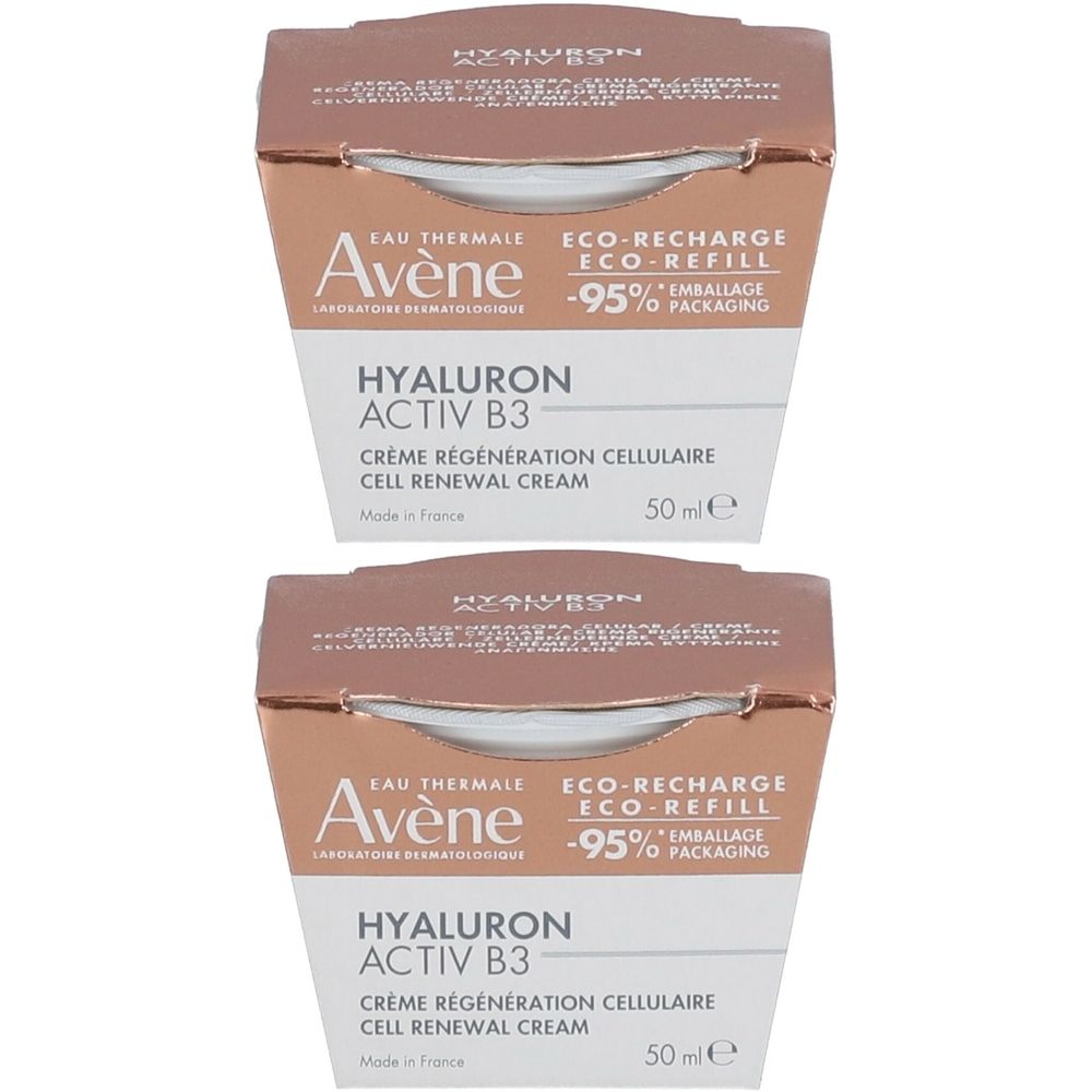 Deux boîtes de crème Avène Hyaluron Activ B3. Inscription: Crème régénération cellulaire, 50 ml. Eco-Recharge -95% emballage.