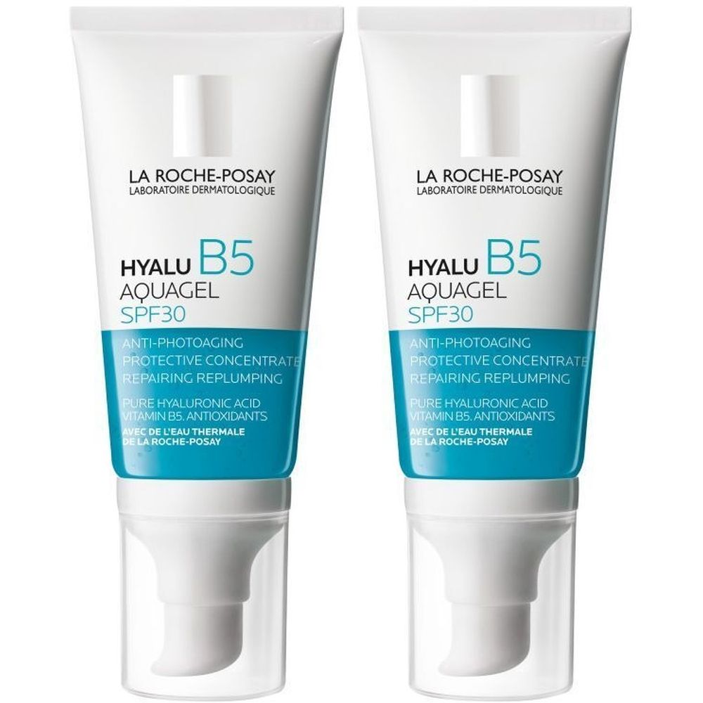 Deux tubes de La Roche-Posay Hyalu B5 Aquagel SPF30. Emballage blanc et bleu avec informations et pompe.