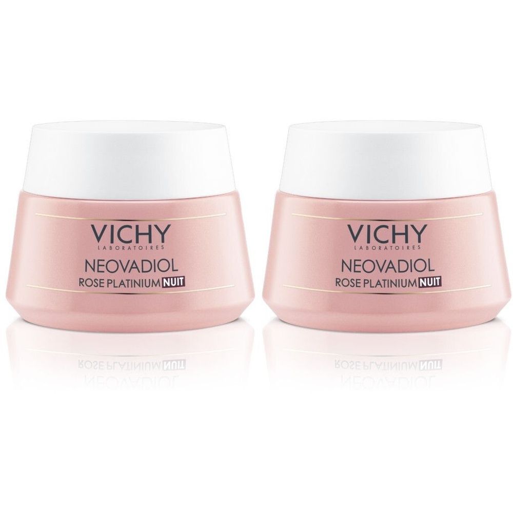 Deux pots roses avec couvercles blancs. Inscription: Vichy, Neovadiol Rose Platinium Nuit.