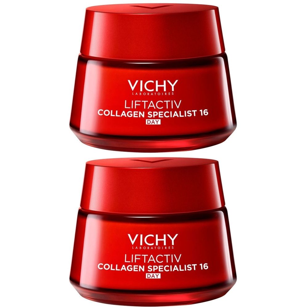 Deux pots rouges avec texte blanc. Inscription: Vichy Liftactiv Collagen Specialist 16 Day.