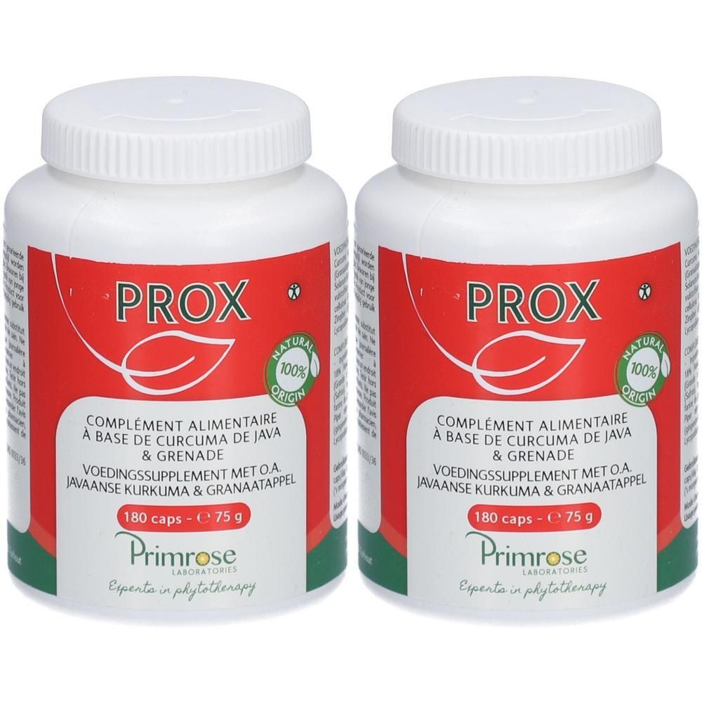 Twee witte pillenpotten met rood etiket. Opschrift: PROX, 180 capsules. Primrose Laboratories.