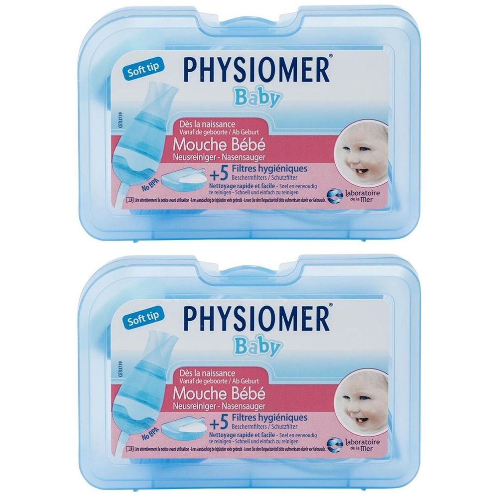 Deux boîtes bleues en plastique. Sur chaque boîte, "PHYSIOMER Baby Mouche Bébé" et un visage de bébé. Contient +5 filtres hygiéniques.