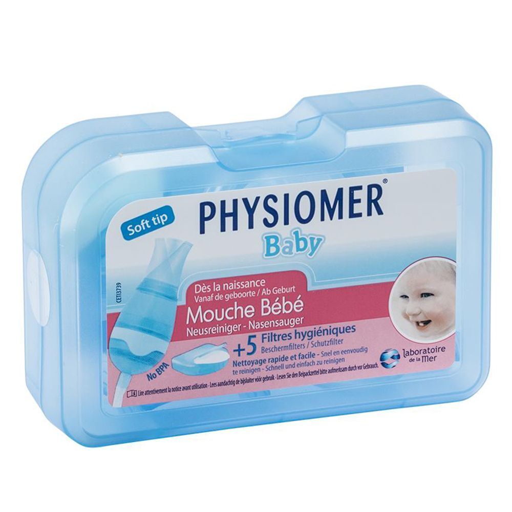 Boîte bleue avec Physiomer Baby Nasenreiniger. Inscription: Physiomer Baby, Mouche Bébé, +5 filtres. Illustration de bébé.