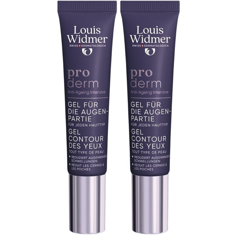 Deux tubes de gel contour des yeux Proderm. Tubes bleu foncé avec bouchons argentés. Texte: Louis Widmer, pro derm, Gel Contour des Yeux.