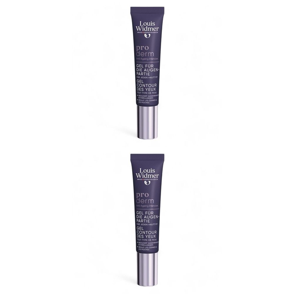 Twee tubes Proderm Gel Contour des Yeux. Donkerblauwe tubes met zilveren doppen. Tekst: Louis Widmer, pro derm, Gel Contour des Yeux.
