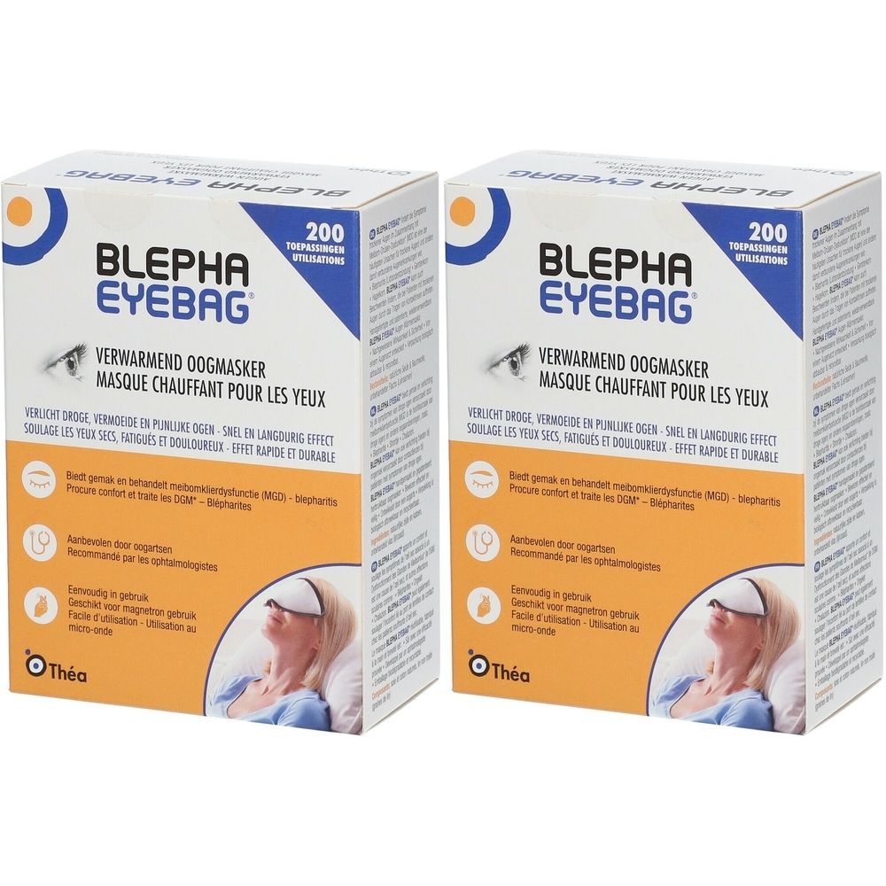 Deux boîtes de Blepha Eyebag. Inscription : VERWARMEND OOGMASKER, MASQUE CHAUFFANT POUR LES YEUX. 200 utilisations. Marque : Théa.
