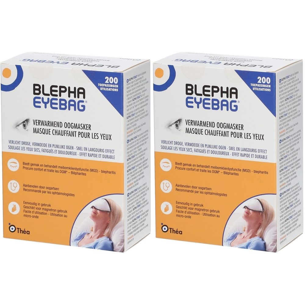Twee dozen Blepha Eyebag. Bedrukking: productnaam, tekst in het Nederlands, Frans en Duits. Illustratie van een vrouw met oogmasker.