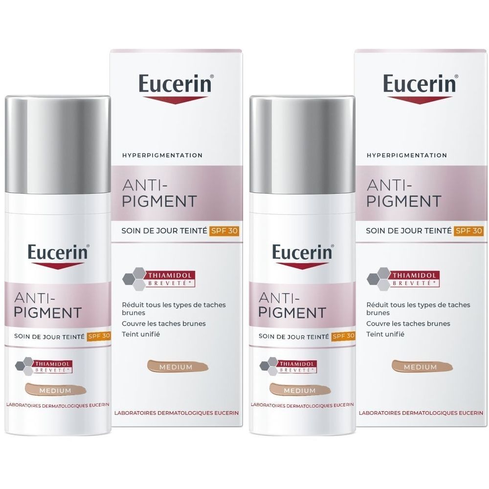 Eucerin Anti-Pigment Soin de Jour Teinté Médium SPF 30. Flacon et emballage. Blanc, rose et marron. Texte.