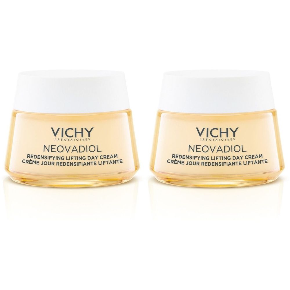 Twee crèmetiegels met witte deksel. Opschrift: VICHY, NEOVADIOL, Redensifying Lifting Day Cream. Gele vloeistof zichtbaar.