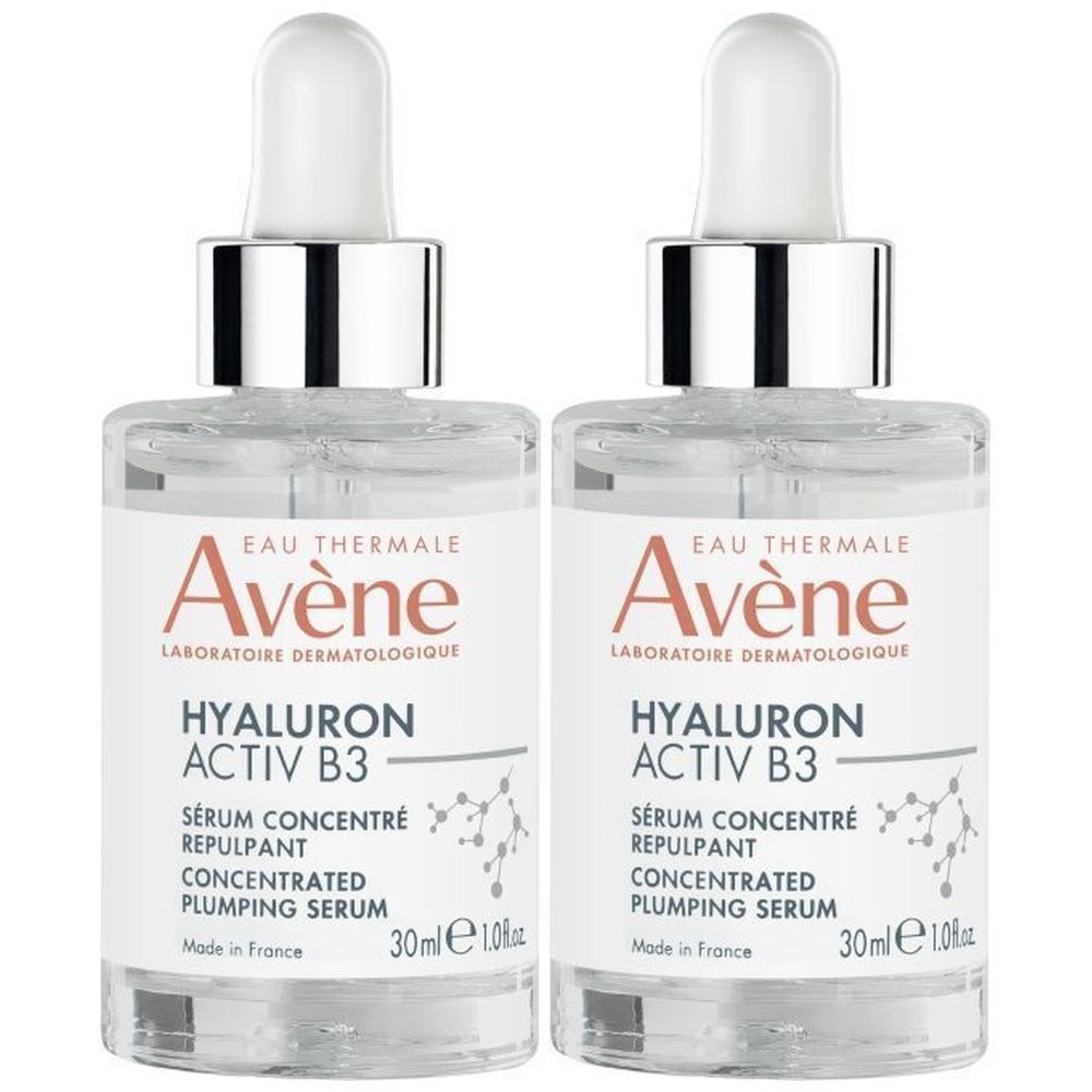 Twee flacons Avène Hyaluron Activ B3 serum. Transparante glazen flacons met pipet. Opschrift: Hyaluron Activ B3, Sérum Concentré Repulpant.