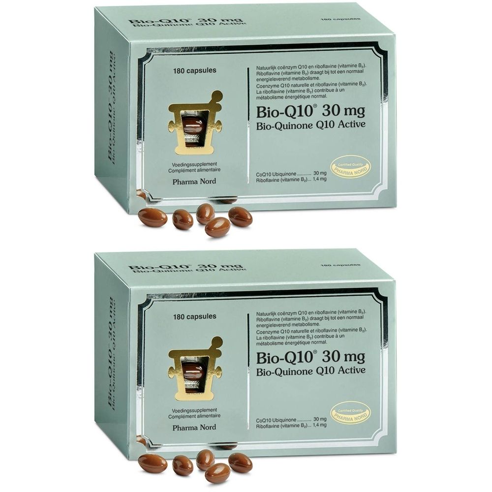 Deux boîtes de gélules. Inscription : Bio-Q10 30 mg. Pharma Nord. 180 gélules.