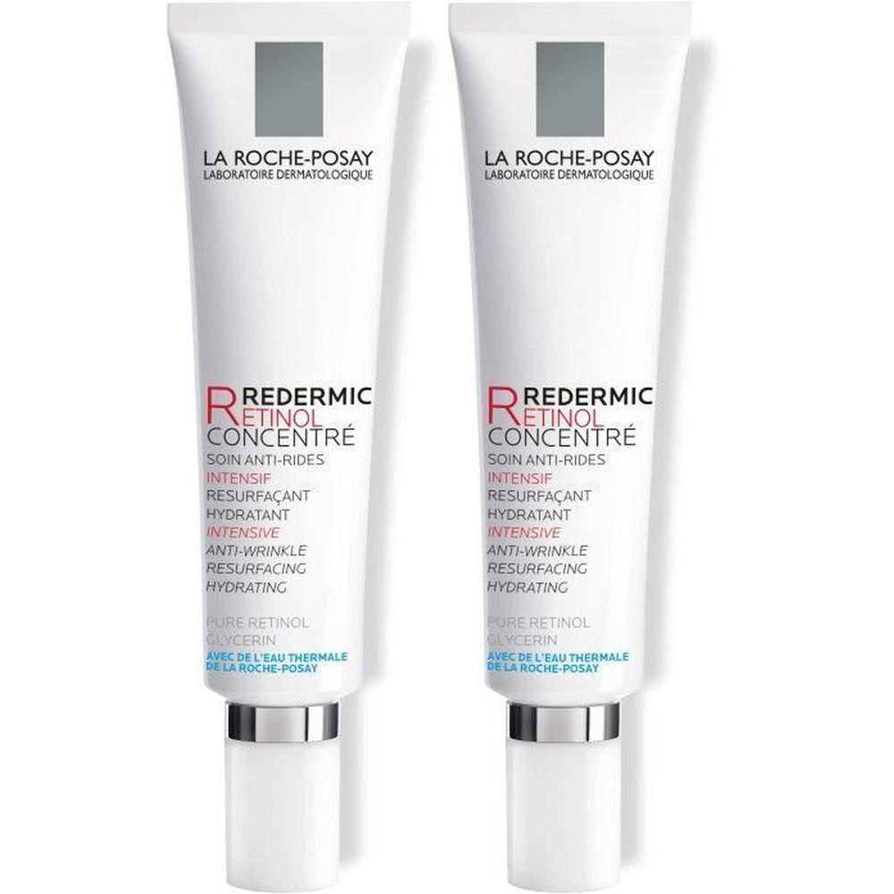 Twee tubes La Roche-Posay Redermic R Intensif au Rétinol. Witte tubes met zilveren doppen. Tekst: Redermic, Anti-Wrinkle, Hydrating.