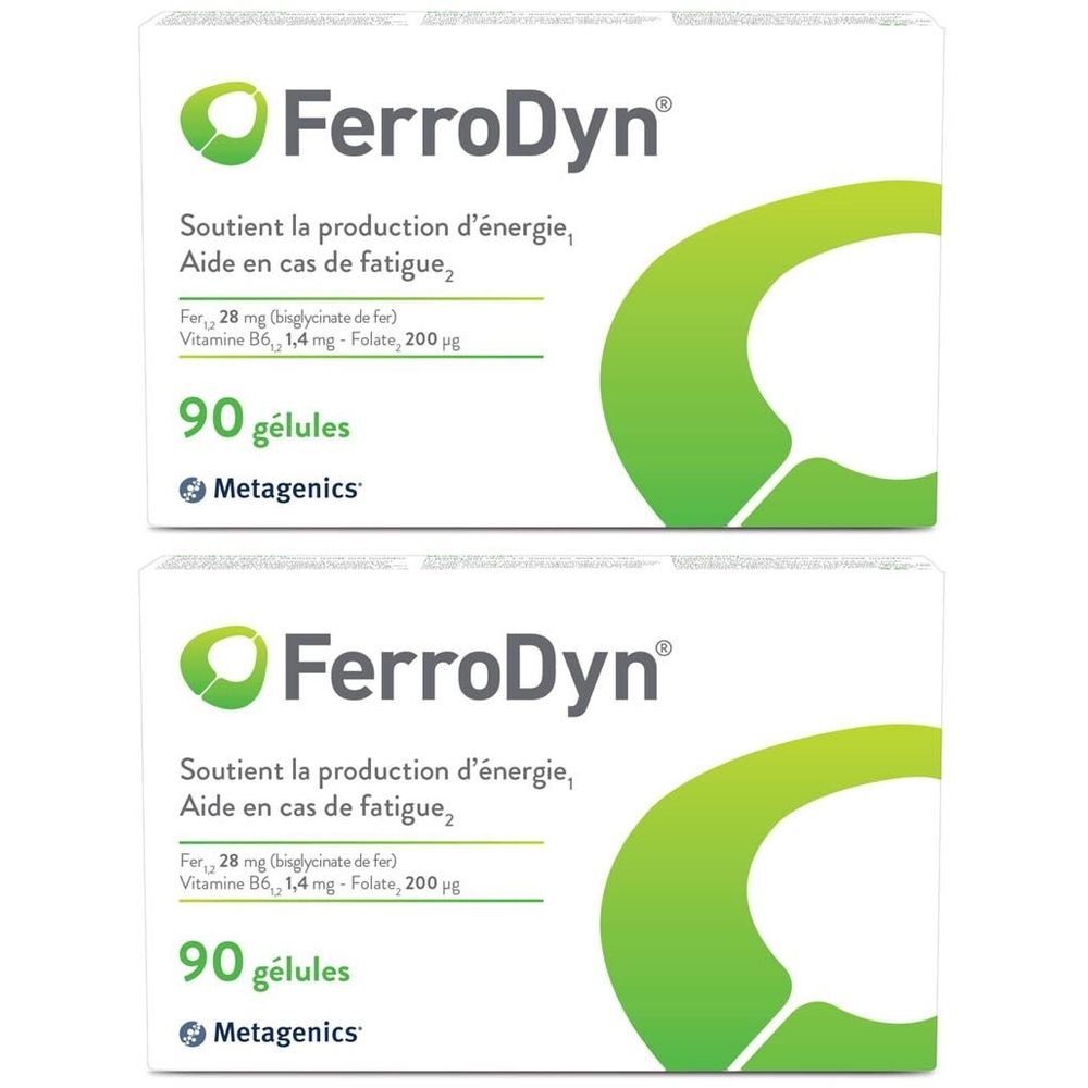 Deux boîtes de Ferrodyn. Emballage blanc avec logo et texte verts. Contient 90 gélules. Metagenics.