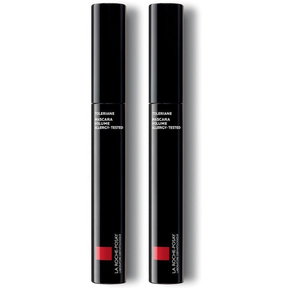 Twee zwarte mascara tubes. Opschrift: Toleriane Mascara Volume, Allergy-Tested. Rode streep en La Roche-Posay.