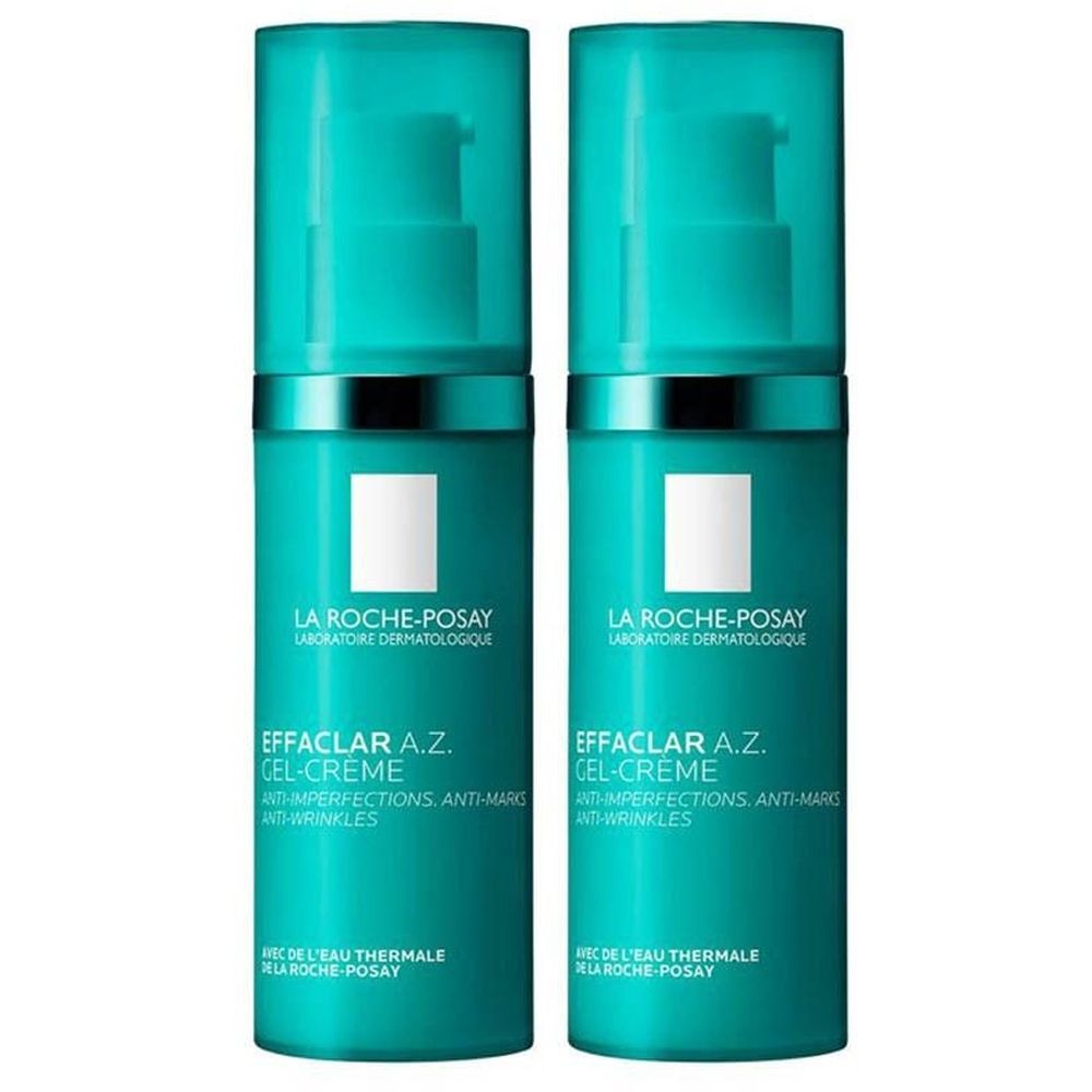 Deux flacons turquoise avec pompe. Inscription : La Roche-Posay, Effaclar A.Z. Gel-Crème. Anti-imperfections, anti-rides.