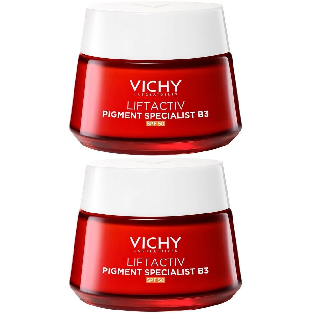 Deux pots de crème rouges avec couvercles blancs. Inscription : VICHY, LIFTACTIV PIGMENT SPECIALIST B3, SPF 50.