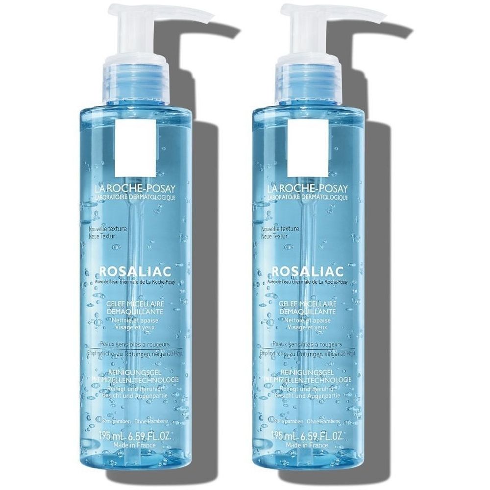 Deux flacons de La Roche-Posay Rosaliac Gelée Micellaire Démaquillante. Flacons transparents avec pompe blanche. Liquide bleu visible.