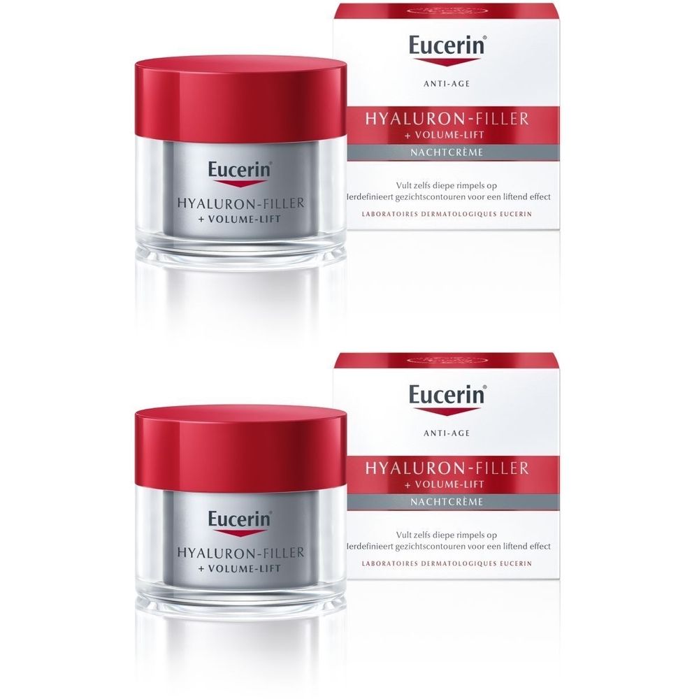 Twee potten met rode deksels en witte verpakkingen. Opschrift: Eucerin Hyaluron-Filler + Volume-Lift Nachtcrème.