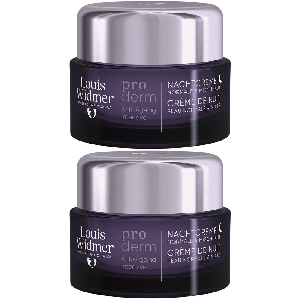 Deux pots de crème de nuit. Pot violet foncé avec couvercle argenté. Inscription : Louis Widmer, pro derm, Anti-Âge, Crème de nuit.
