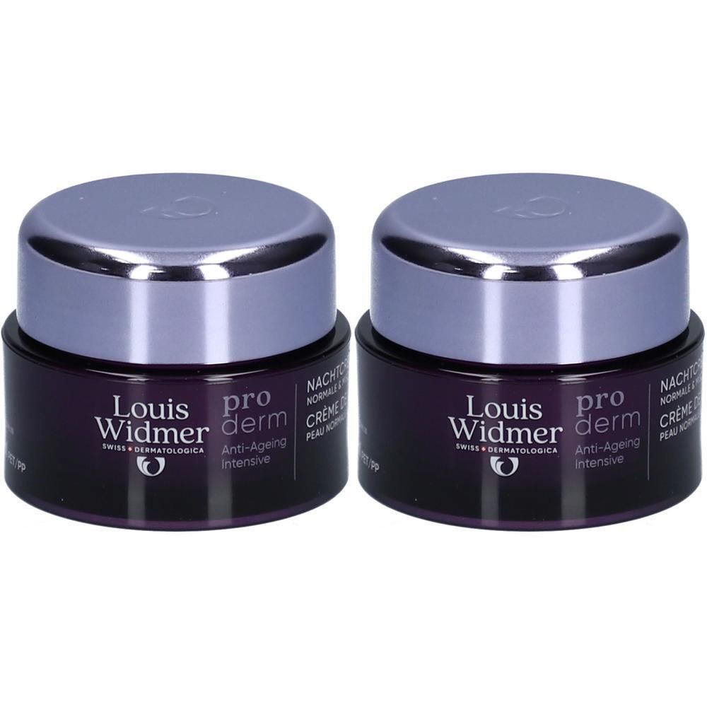 Twee potjes Louis Widmer Proderm Anti-Ageing Intensive Crème de Nuit. Donkerviolette potjes met zilveren deksels. Opschrift.