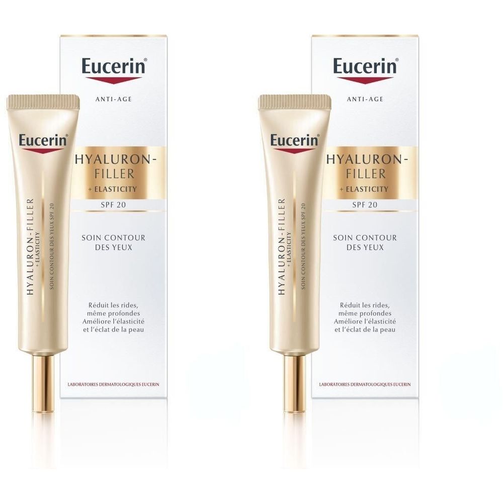 Tube de crème et emballage. Inscription: Eucerin, Hyaluron-Filler + Elasticity, SPF 20, Soin Contour des Yeux.