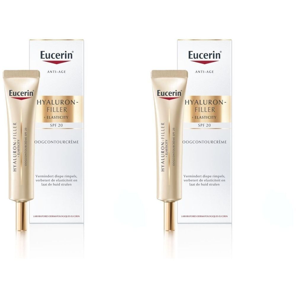 Tube de crème et emballage. Inscription: Eucerin, Hyaluron-Filler + Elasticity, SPF 20, Oogcontourcrème.