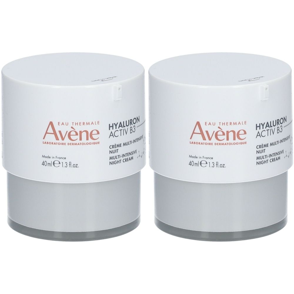 Deux pots cylindriques. Couvercle blanc, contenant gris. Inscription: Avène, Hyaluron Activ B3 Crème nuit. 40ml.