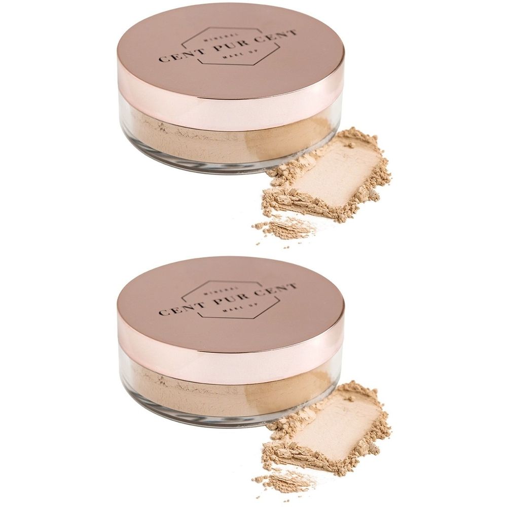Deux pots de fond de teint en poudre avec couvercles rose doré. À côté, des échantillons de poudre. Inscription: CENT PUR CENT MAKE UP.