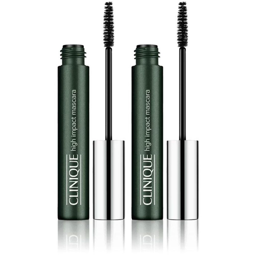 Deux tubes de mascara vert avec brosses noires. Inscription: Clinique high impact mascara.