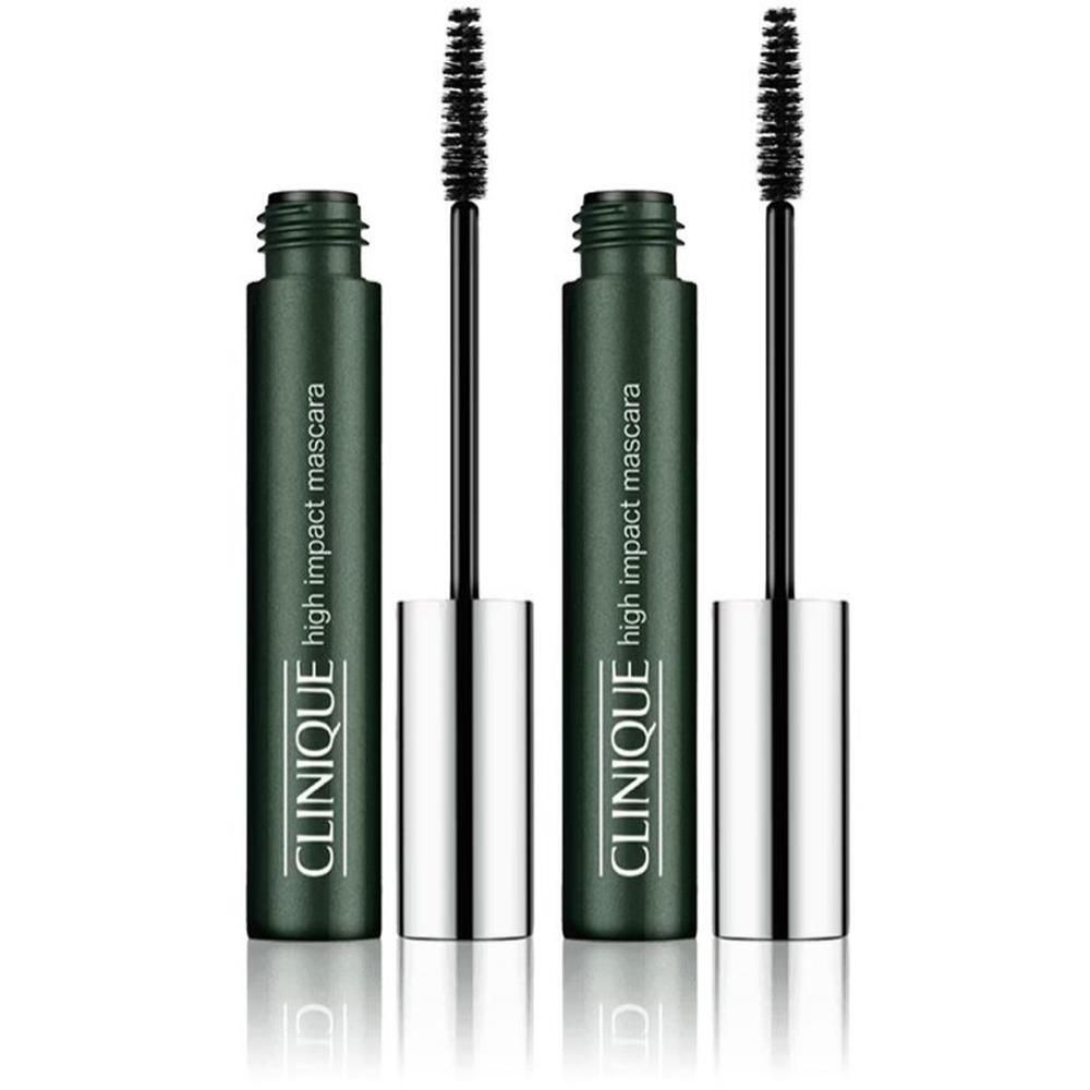 Twee groene mascara tubes met open borstels. Tekst "CLINIQUE high impact mascara" zichtbaar.