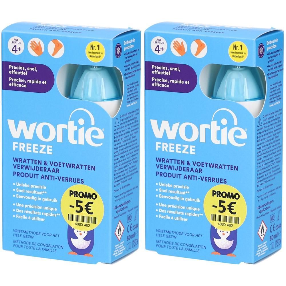 Twee verpakkingen van het medische hulpmiddel Wortie Freeze voor wrattenverwijdering. Blauwe en witte verpakking met pinguïn.