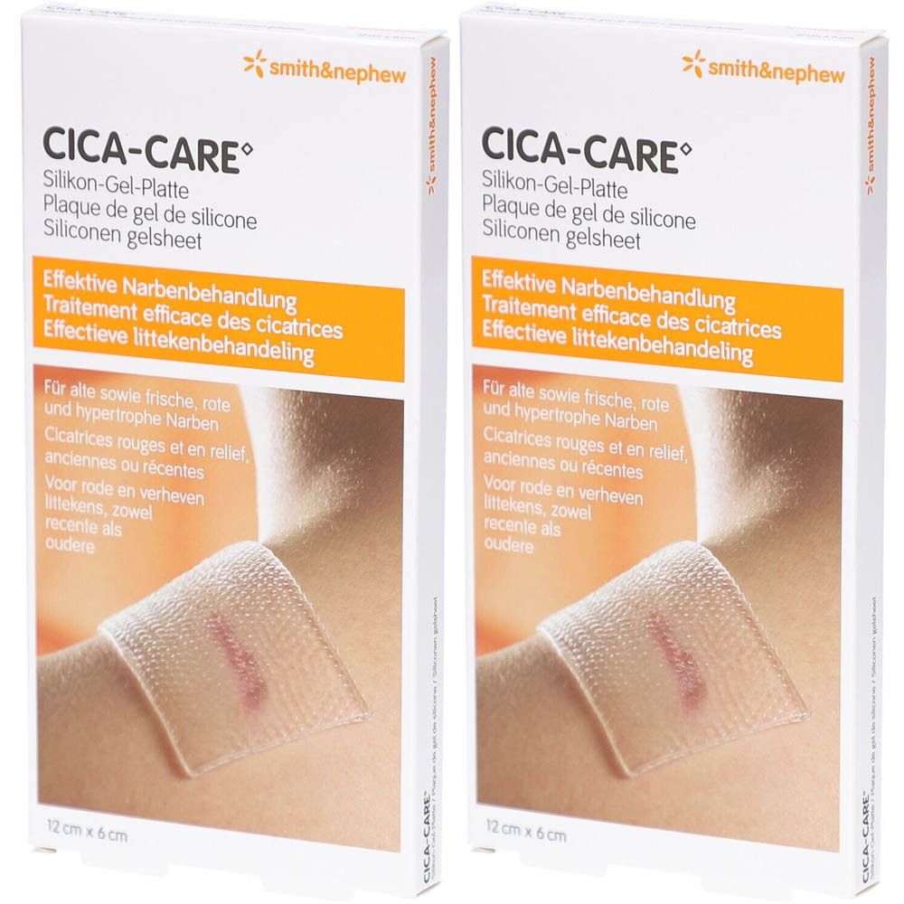 Deux boîtes de Cica-Care. Le nom de la marque Smith & Nephew est visible sur chaque boîte. Un pansement en gel de silicone est représenté.