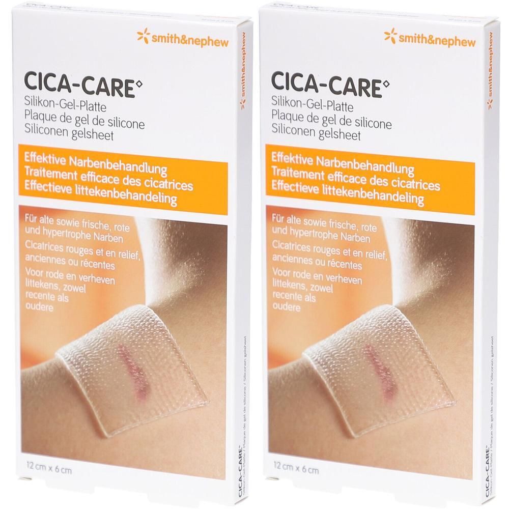 Deux boîtes Cica-Care. Impression : Smith & Nephew, Cica-Care, plaque de gel de silicone, 12 cm x 6 cm. Application sur la peau.