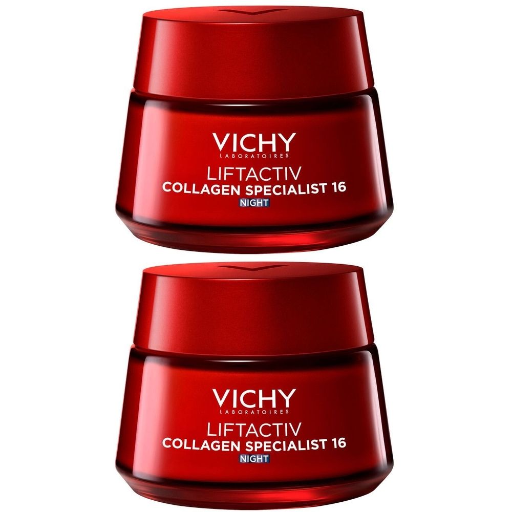 Deux pots rouges. Inscription : Vichy Liftactiv Collagen Specialist 16 Night.