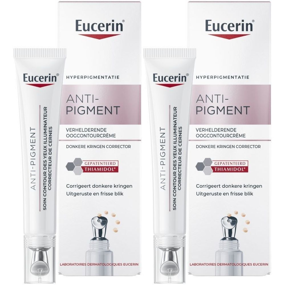 Deux tubes avec emballage blanc. Inscription: Eucerin Anti-Pigment, crème pour les yeux. Avec applicateur et carton.