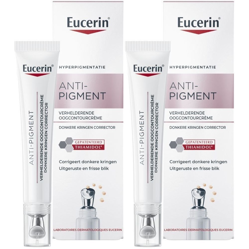 Twee tubes met witte verpakking. Opschrift: Eucerin Anti-Pigment, oogcrème. Met applicator en doos.