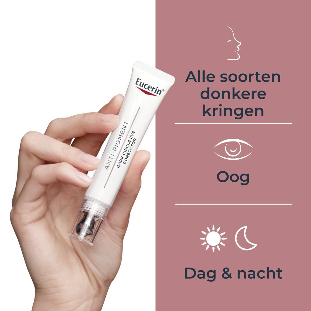 Hand houdt Eucerin Anti-Pigment oogcontourcrème tube vast, met tekst over toepassing en ogen.
