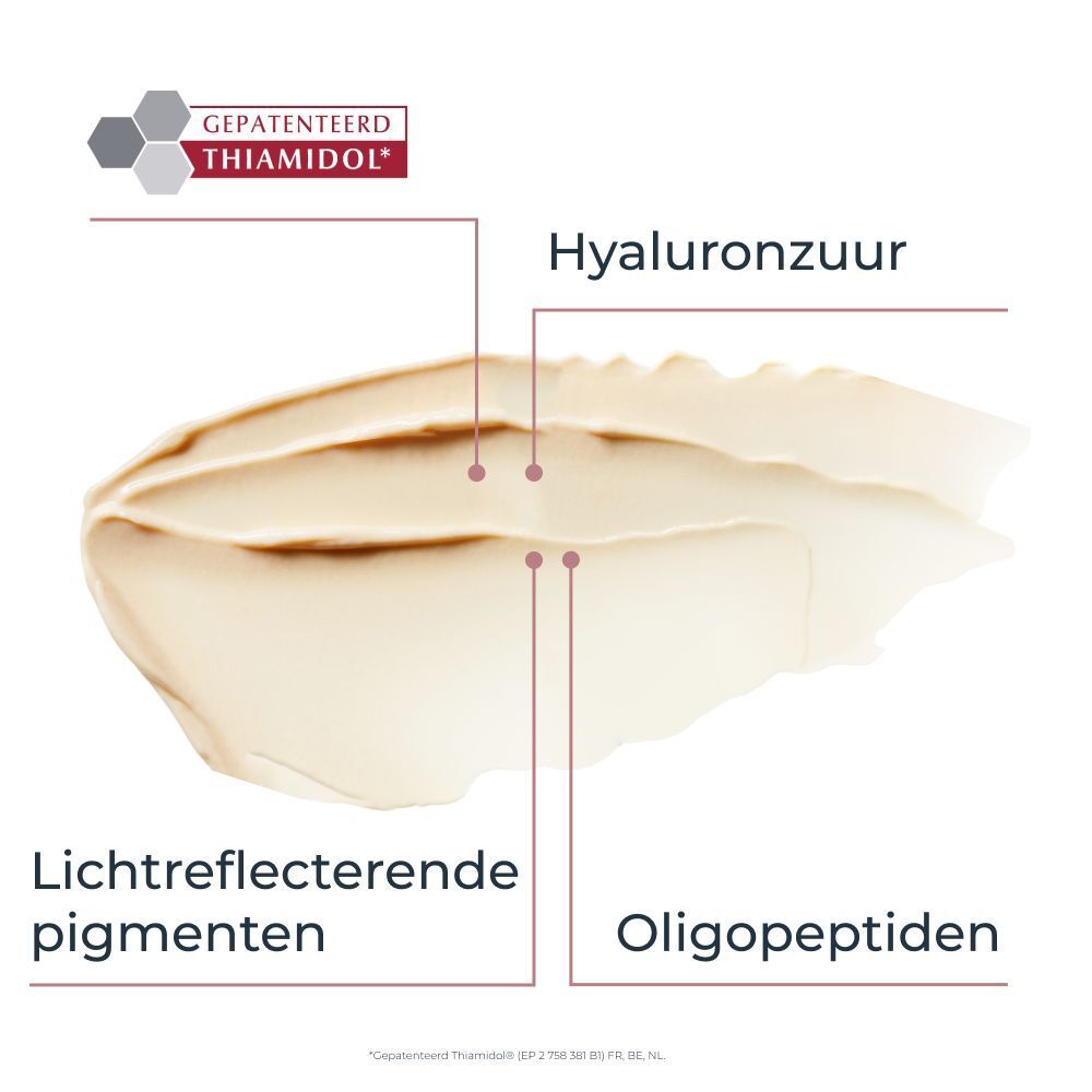 Eucerin Anti-Pigment oogcontourcrème staal met markeringen voor hyaluronzuur en oligopeptiden.